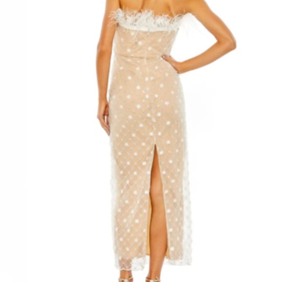 MAC DUGGAL FEATHER DETAIL BEADED STRAPLESS TULLE WHITE/BEIGE MIDI DRESS sz 2 - Picture 2 of 6